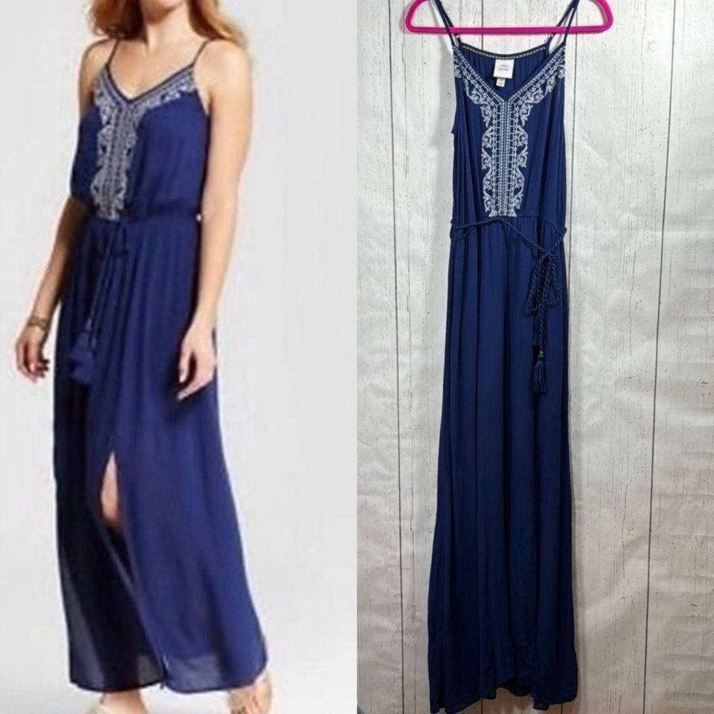 Knox Rose Blue Boho Embroidered Maxi Dress Festival Coastal Cowgirl Resort